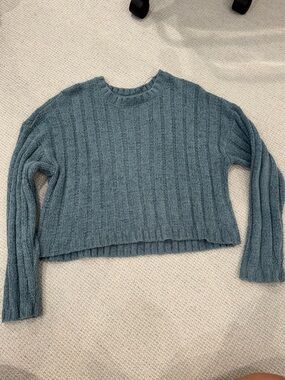 La Hearts Dusty Blue Cropped Ribbed Crewneck Sweater